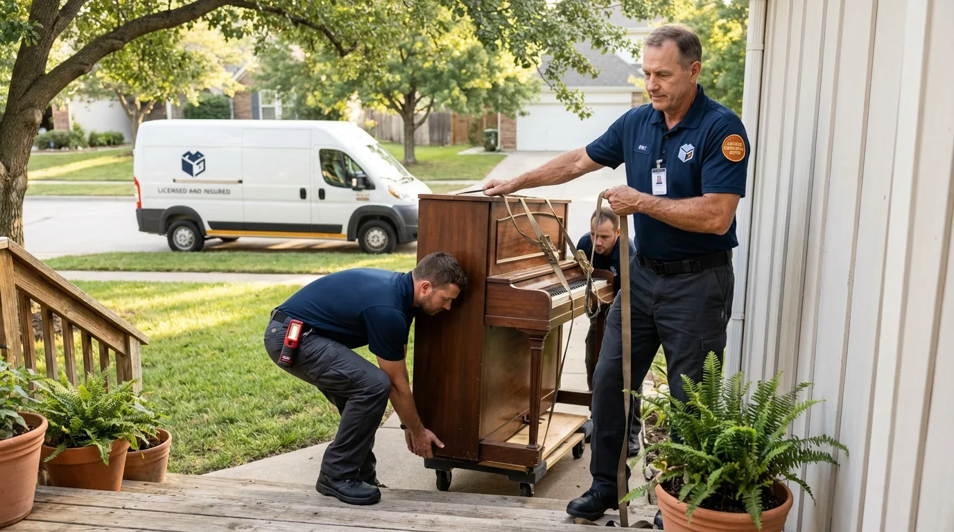 Licensed piano movers securing grand piano in Tacoma, WA