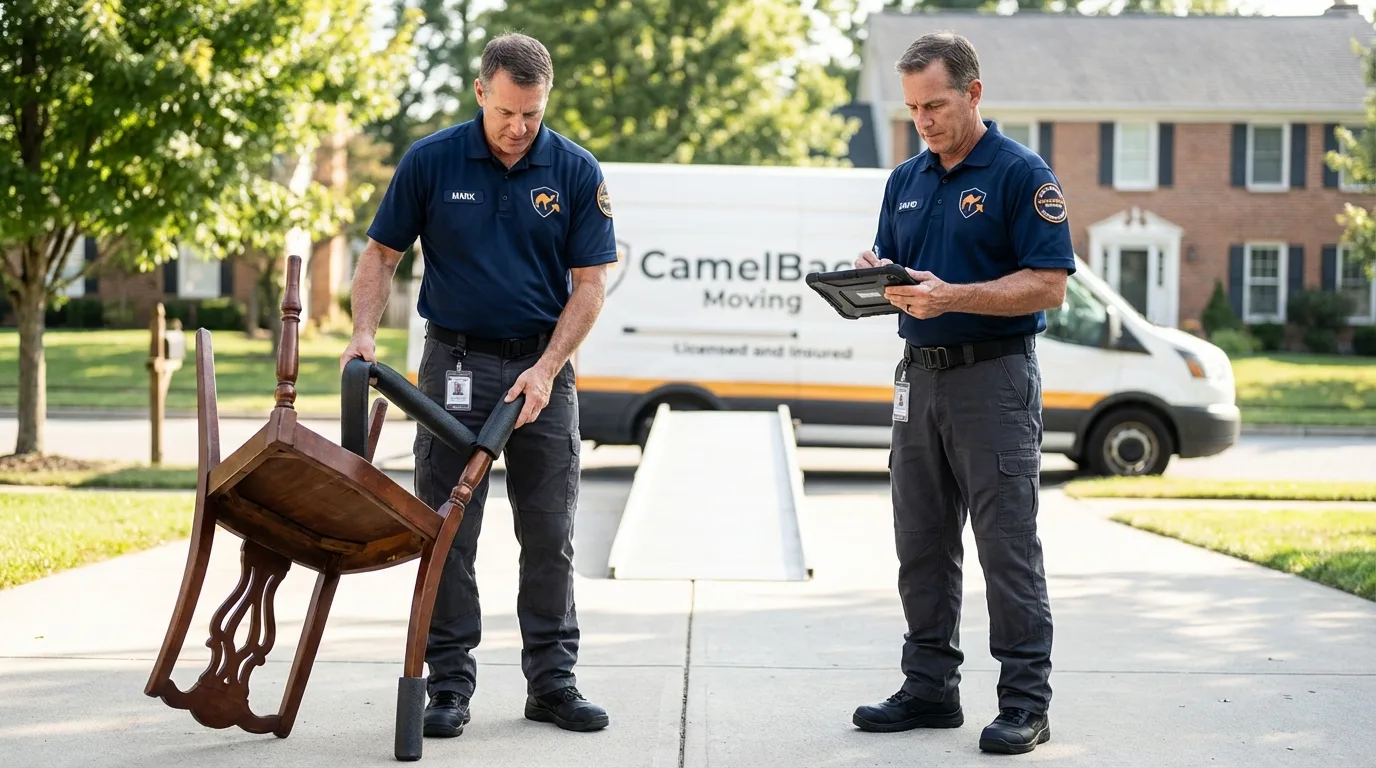 Movers inspecting furniture for damage prevention before loading in Tacoma, WA