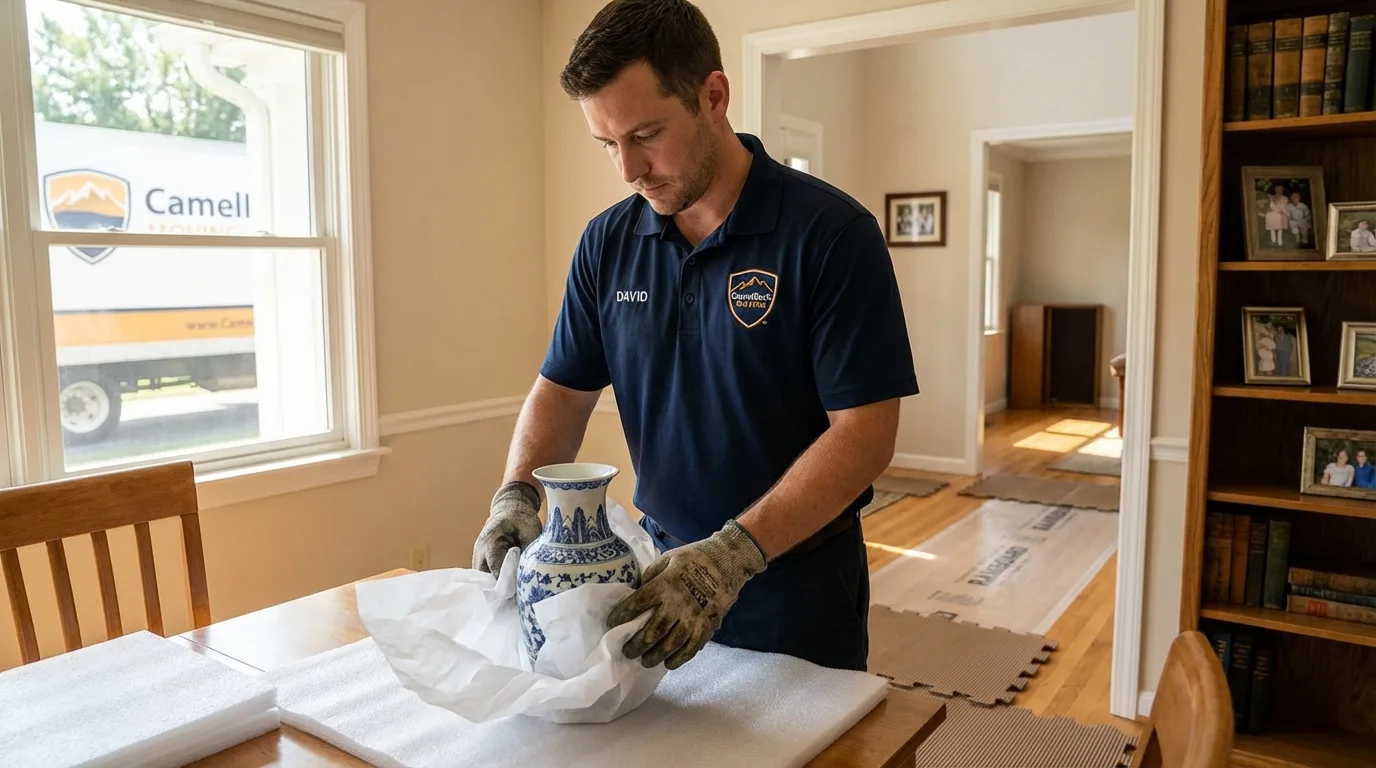 Professional crew carefully wrapping antique vase for senior downsizing move in Tacoma, WA
